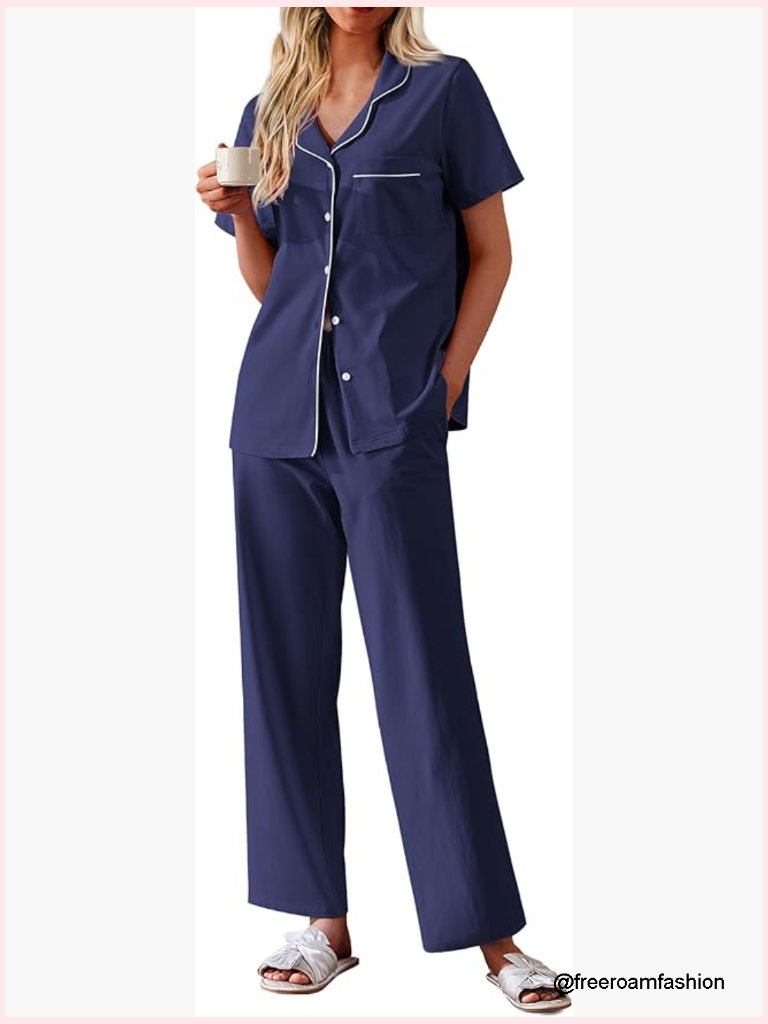 Women's 100% Cotton Pajama Set Short Sleeve Button Down Top Long Pants 2 Piece